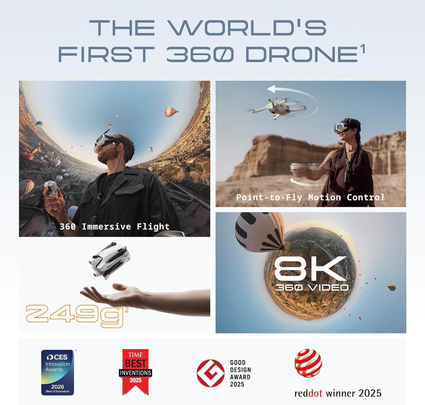 A1 Explorer Bundle (3 Batteries) - 8K 360 Drone for Immersive Flight, Point-To-Fly Motion Control, Obstacle Avoidance, 249G & Foldable, Deep Track, Auto Return, 10Km Range, Auto Edit